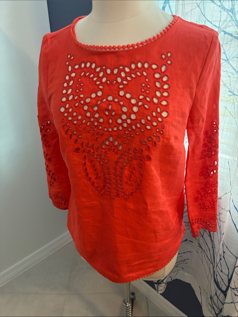 Neiman Marcus Red Eyelet Linen Top